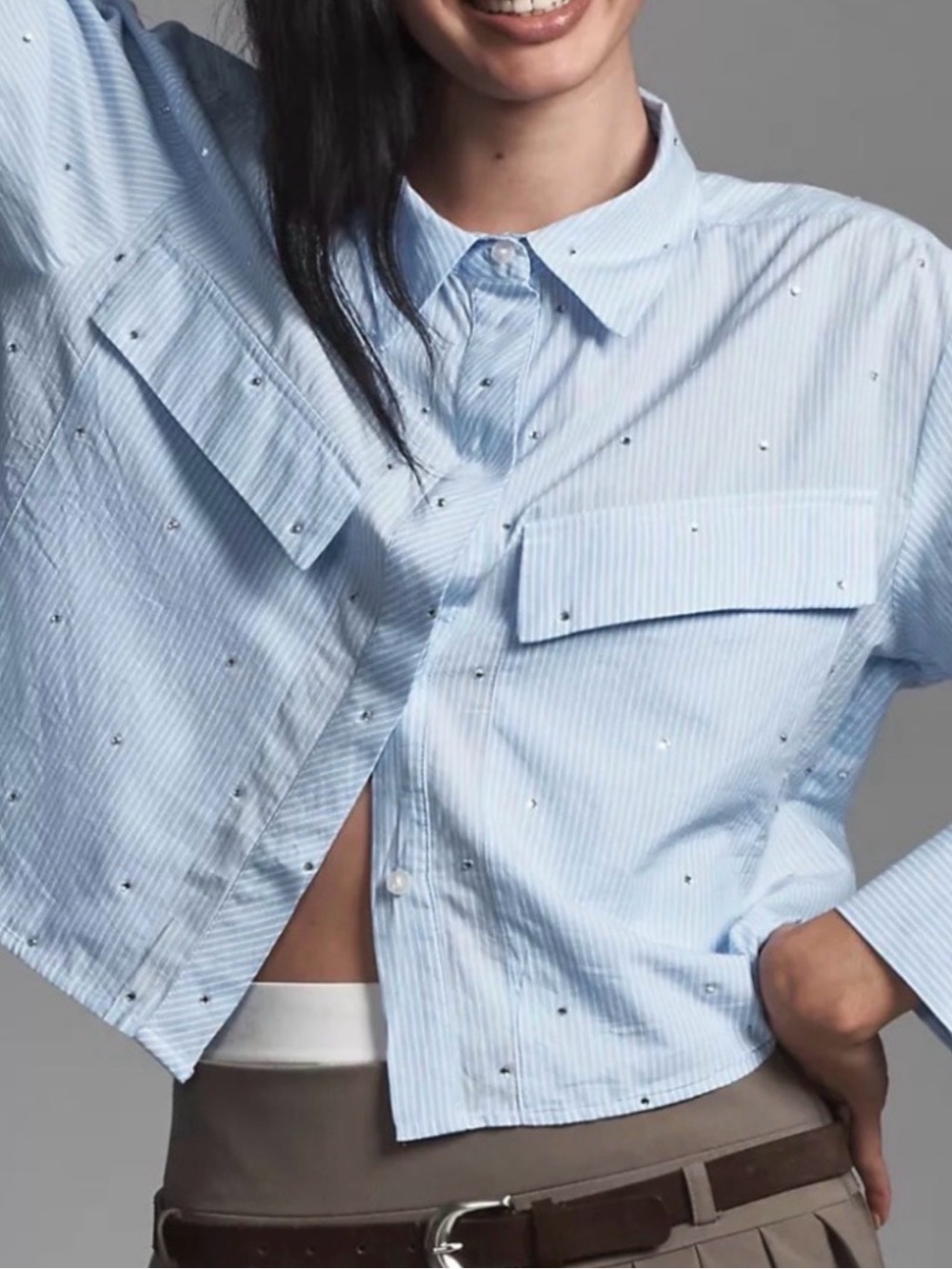 Maeve Pinstripe Button Down with Rhinestones - Small